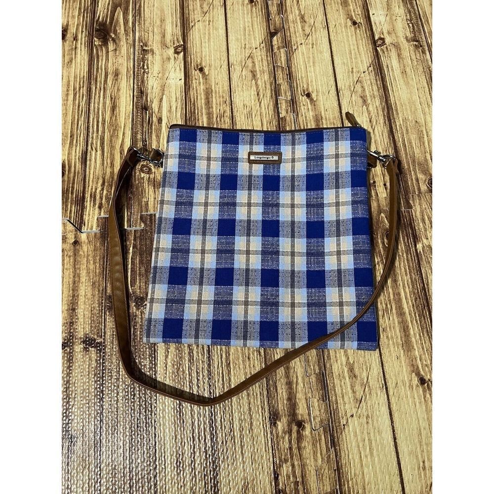 Longaberger Bag Blue Plaid w/Brown Faux Leather Trim